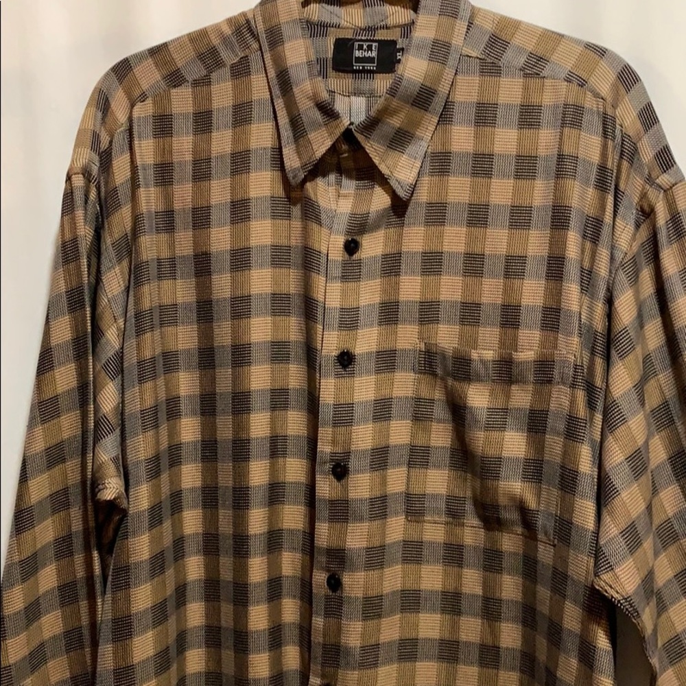 IKE BEHAR DRESS SHIRT BLK/TAN PLAID SZ XL COTTON